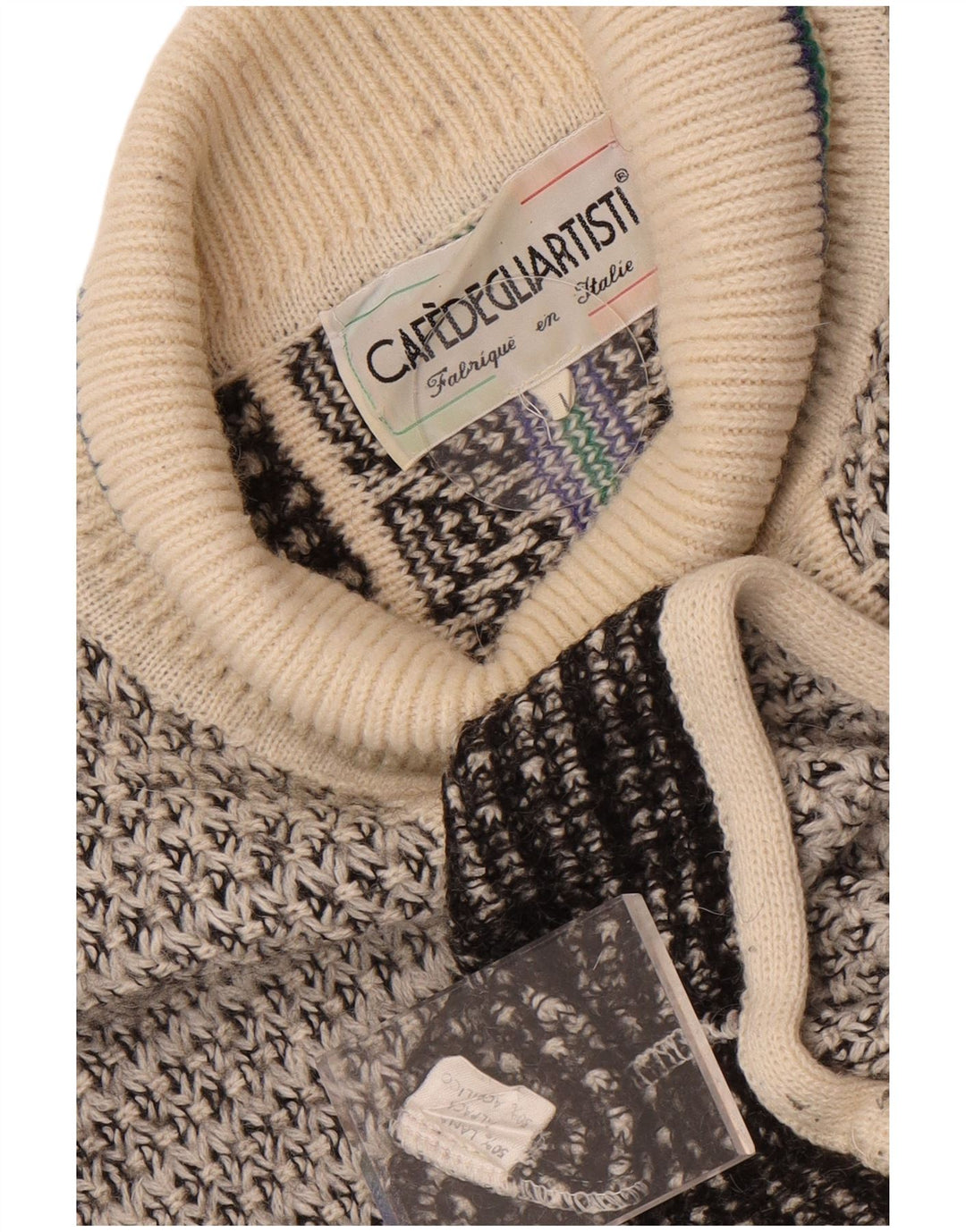 Maglione vintage da uomo con collo alto e maglione grande in lana geometrica grigia