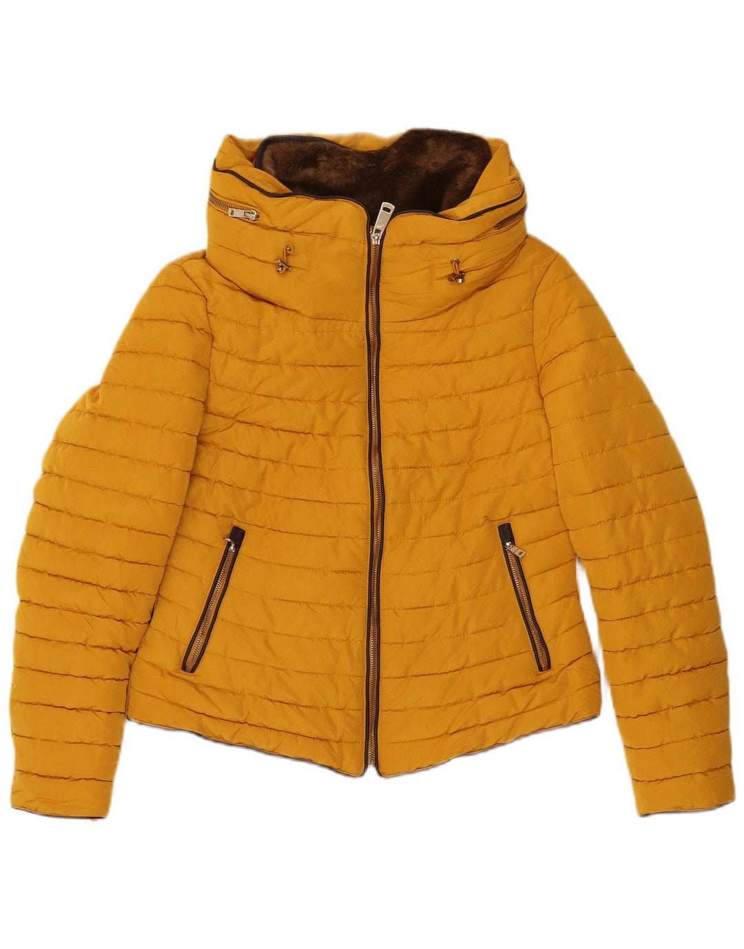 Giacca imbottita corta con cappuccio da donna Zara UK 14 grande poliestere giallo