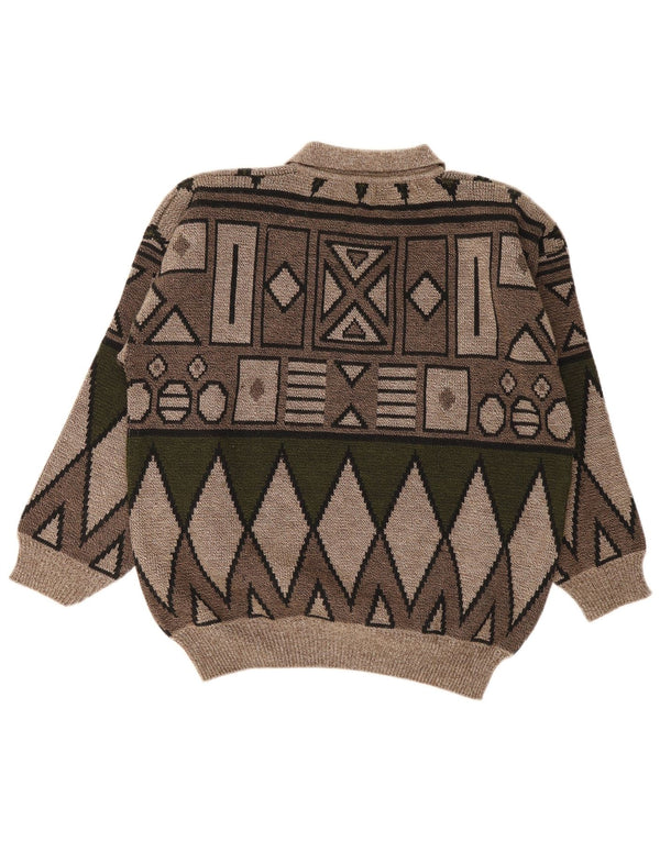 Maglione vintage da uomo con collo a polo marrone medio geometrico
