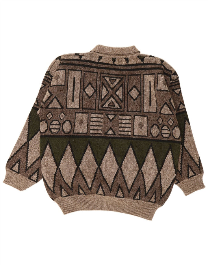 Maglione vintage da uomo con collo a polo marrone medio geometrico