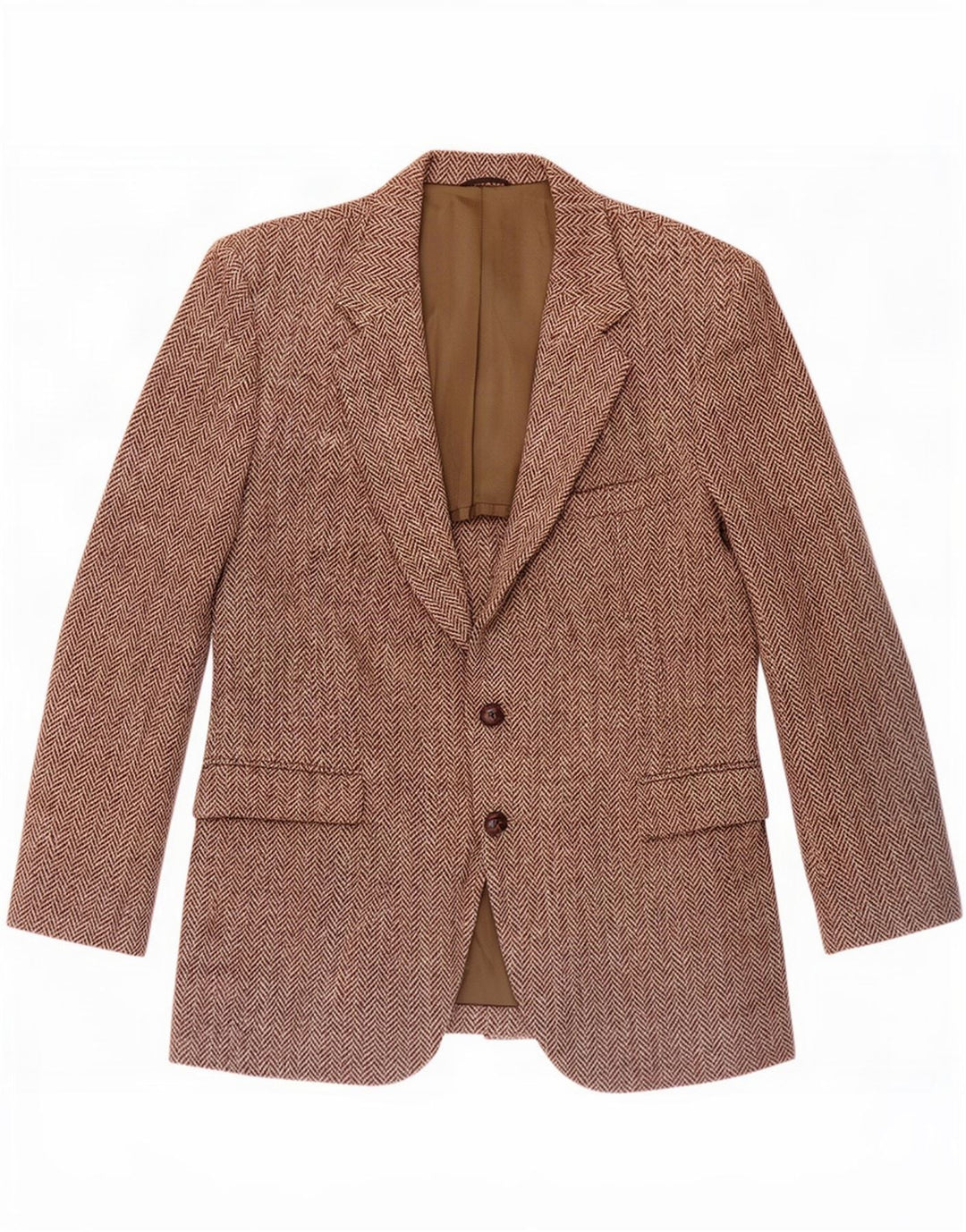 Giacca blazer da uomo a 2 bottoni Harris Tweed UK 44 grande lana a spina di pesce marrone