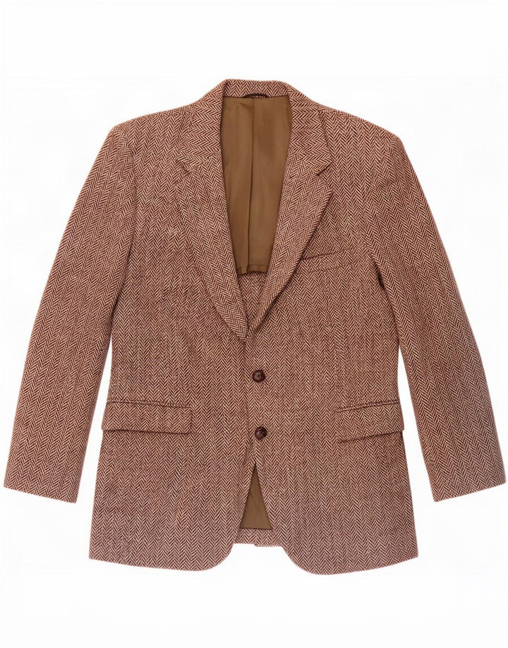 Giacca blazer da uomo a 2 bottoni Harris Tweed UK 44 grande lana a spina di pesce marrone