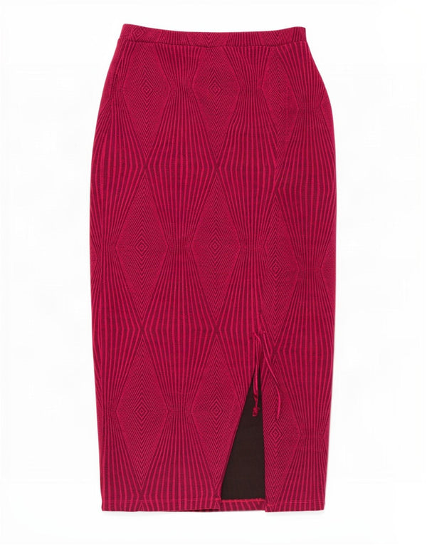 Zara Womens High Waist Midi Pencil Skirt Medium W26 Burgundy Argyle/Diamond