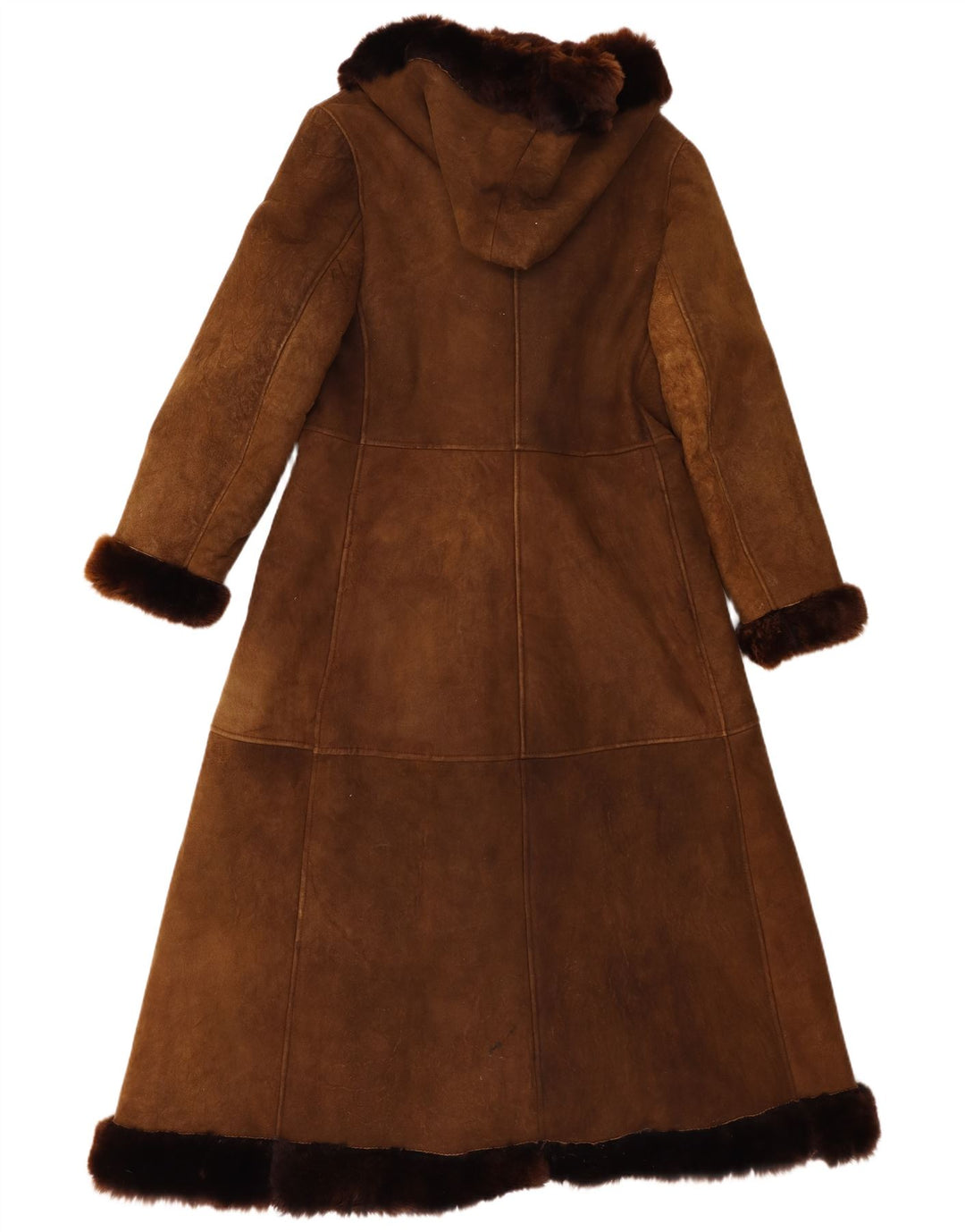 Cappotto in shearling con cappuccio da donna vintage UK 8 piccolo marrone
