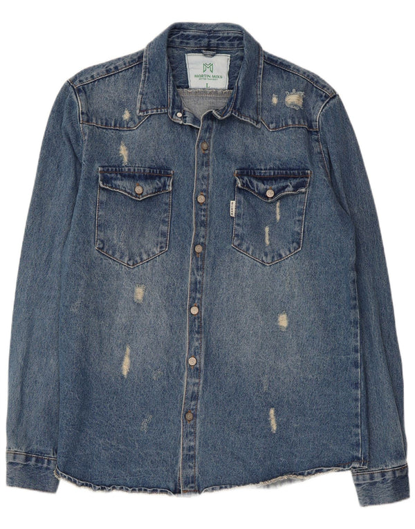 Camicia in denim invecchiato da uomo VINTAGE grande cotone blu