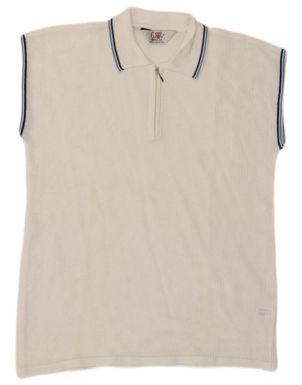 Polo vintage da donna senza maniche trasparente UK 14 cotone bianco medio