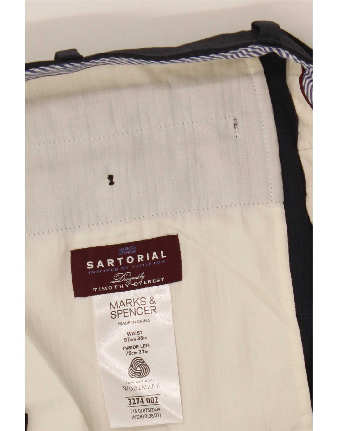 Pantaloni da abito dritti da uomo Marks & Spencer W38 L31 lana blu navy