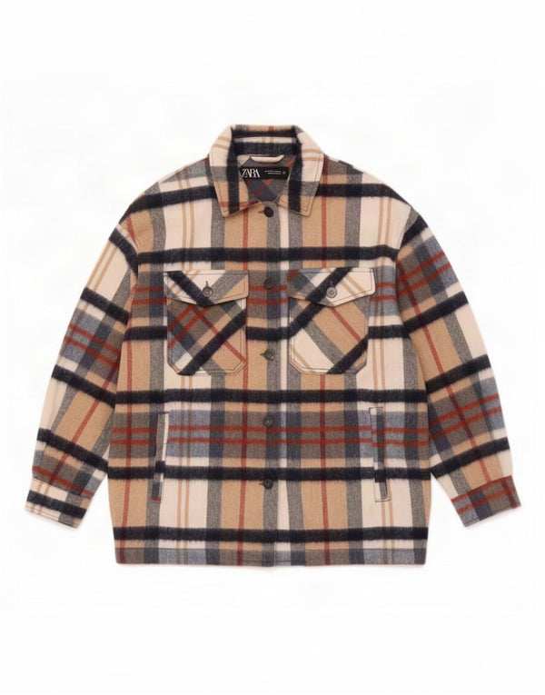 Camicia in flanella oversize Shacket da donna Zara UK 10 Piccolo acrilico scozzese beige