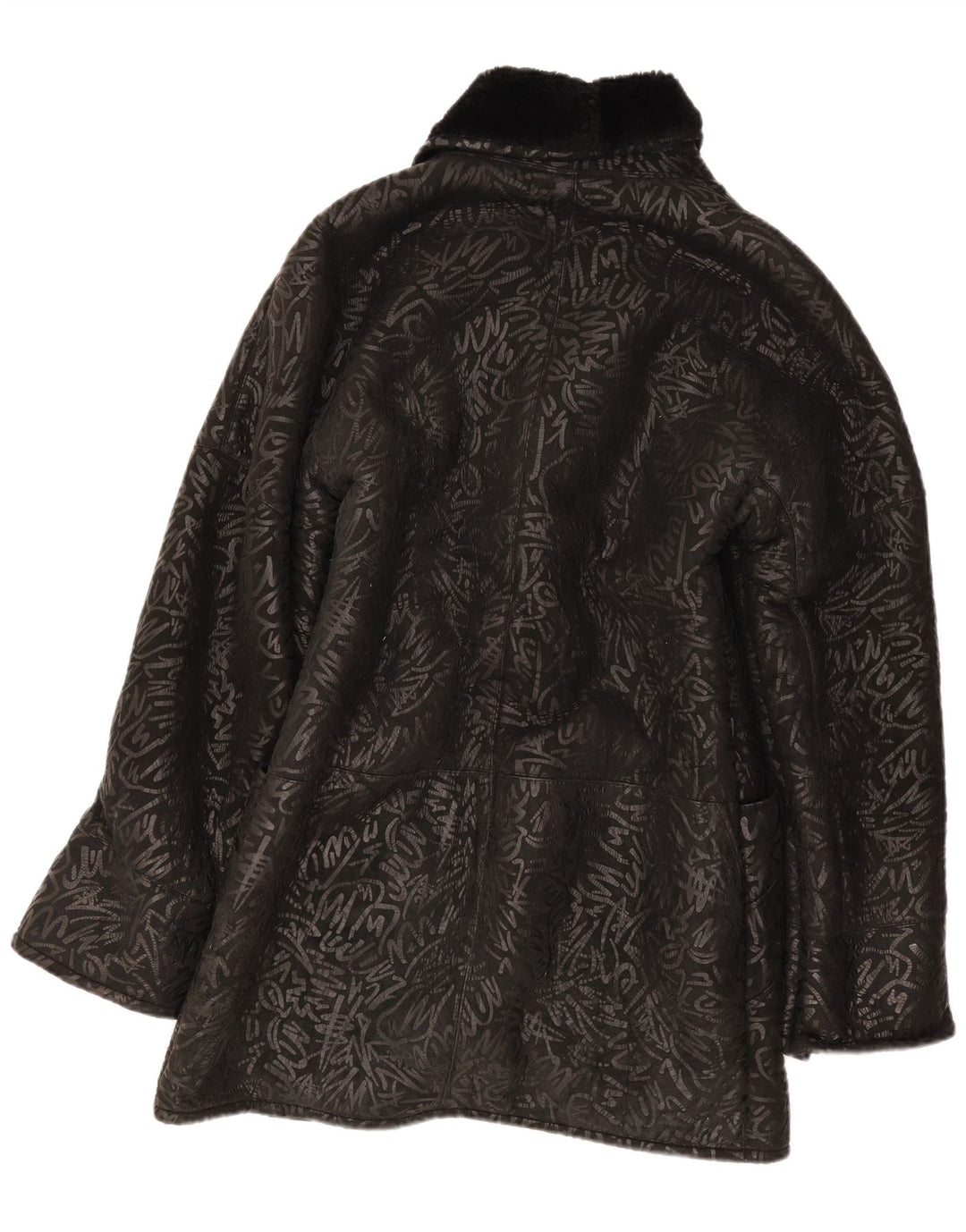 Cappotto in shearling vintage da donna con motivo astratto UK 14 medio nero