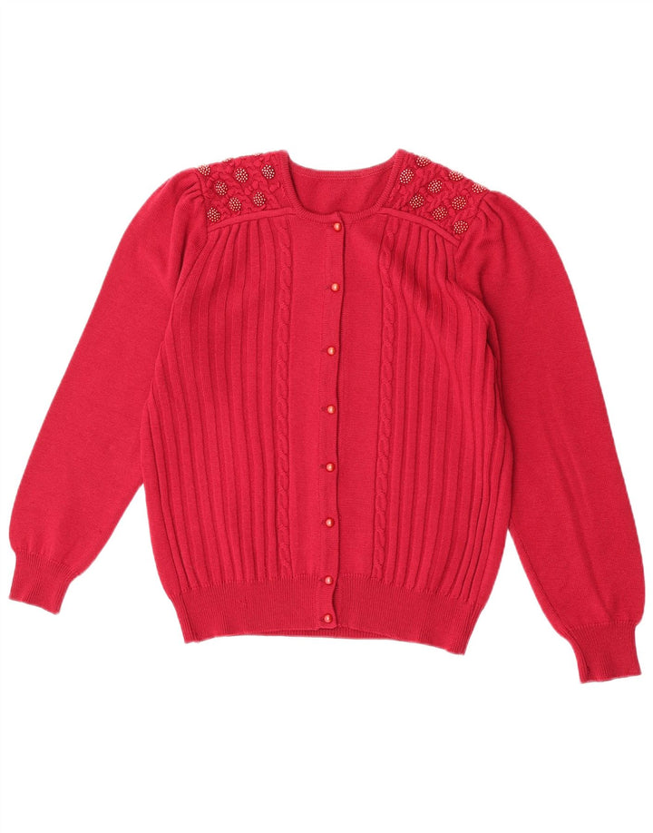 Maglione cardigan da donna vintage UK 14 lana vergine rossa media