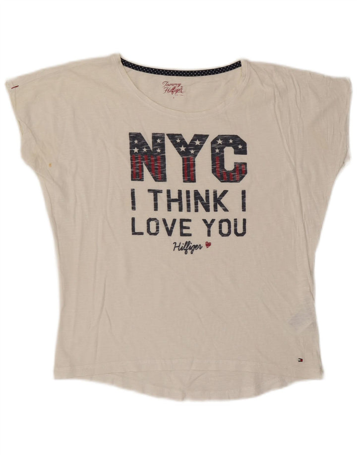 TOMMY HILFIGER T-shirt grafica oversize da donna Top UK 10 Small Bianca