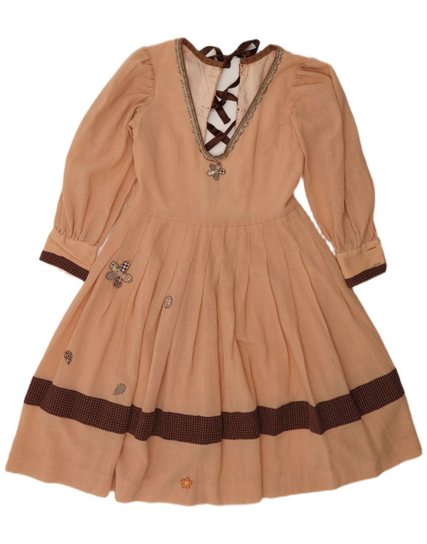 Abito a trapezio grafico da donna vintage UK 12 Blocco colore beige medio
