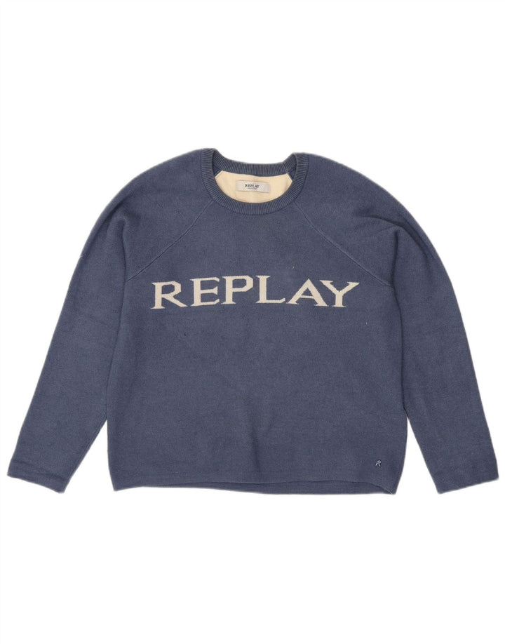 REPLAY Womens Crew Neck Jumper Sweater UK 14 Medium Blue Colourblock