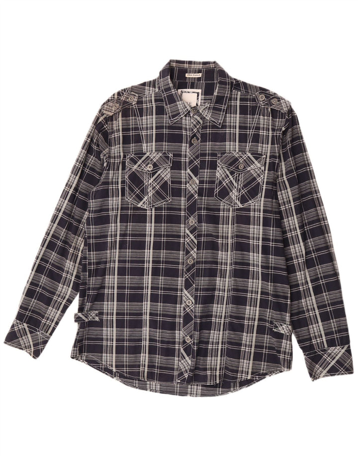 Camicia militare da uomo BKE dalla vestibilità atletica, grande, in cotone a quadri blu navy