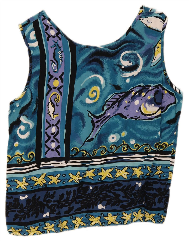 Camicetta vintage da donna con motivo astratto corto UK 12 Blu medio