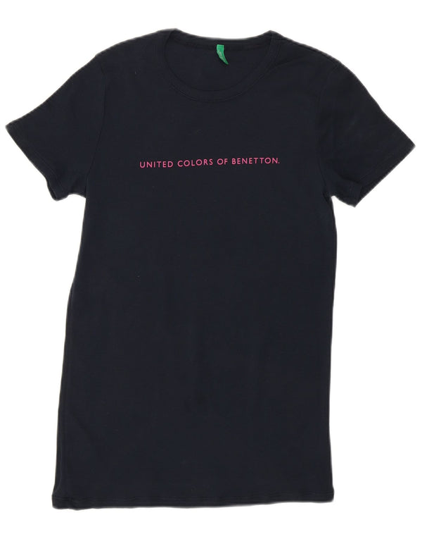 T-shirt grafica da donna BENETTON Top UK 12 medio cotone blu navy