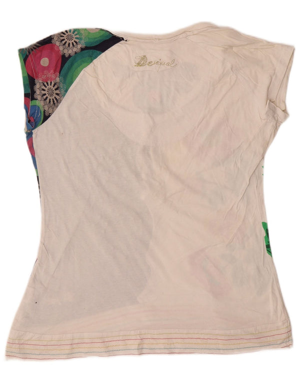 Desigual T-shirt grafica da donna Top UK 16 Large White Floral Cotton