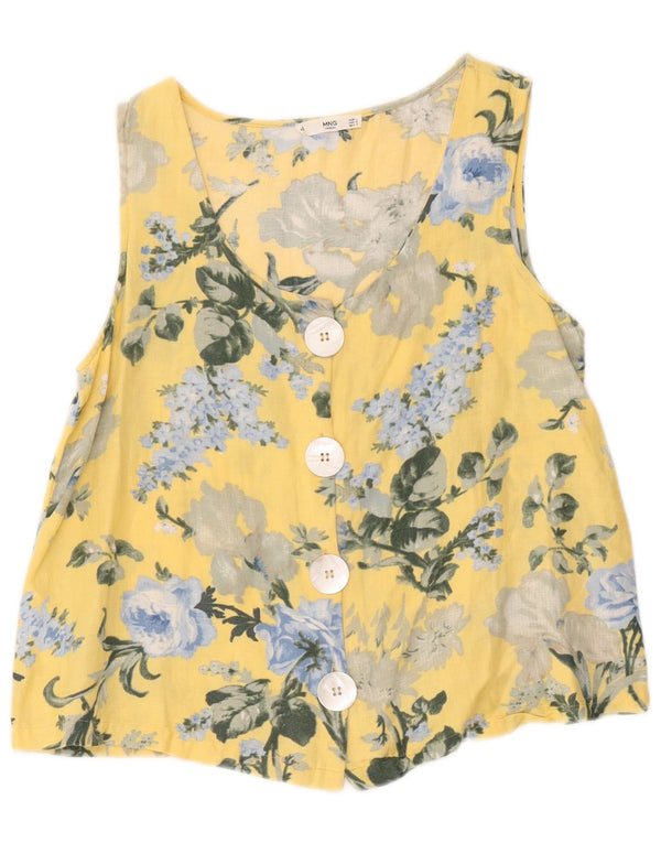 Mango Womens Sleeveless Shirt Blouse UK 14 Large Yellow Floral Linen