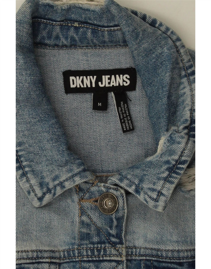 Giacca in denim effetto invecchiato corto da donna Dkny UK 14 cotone blu medio