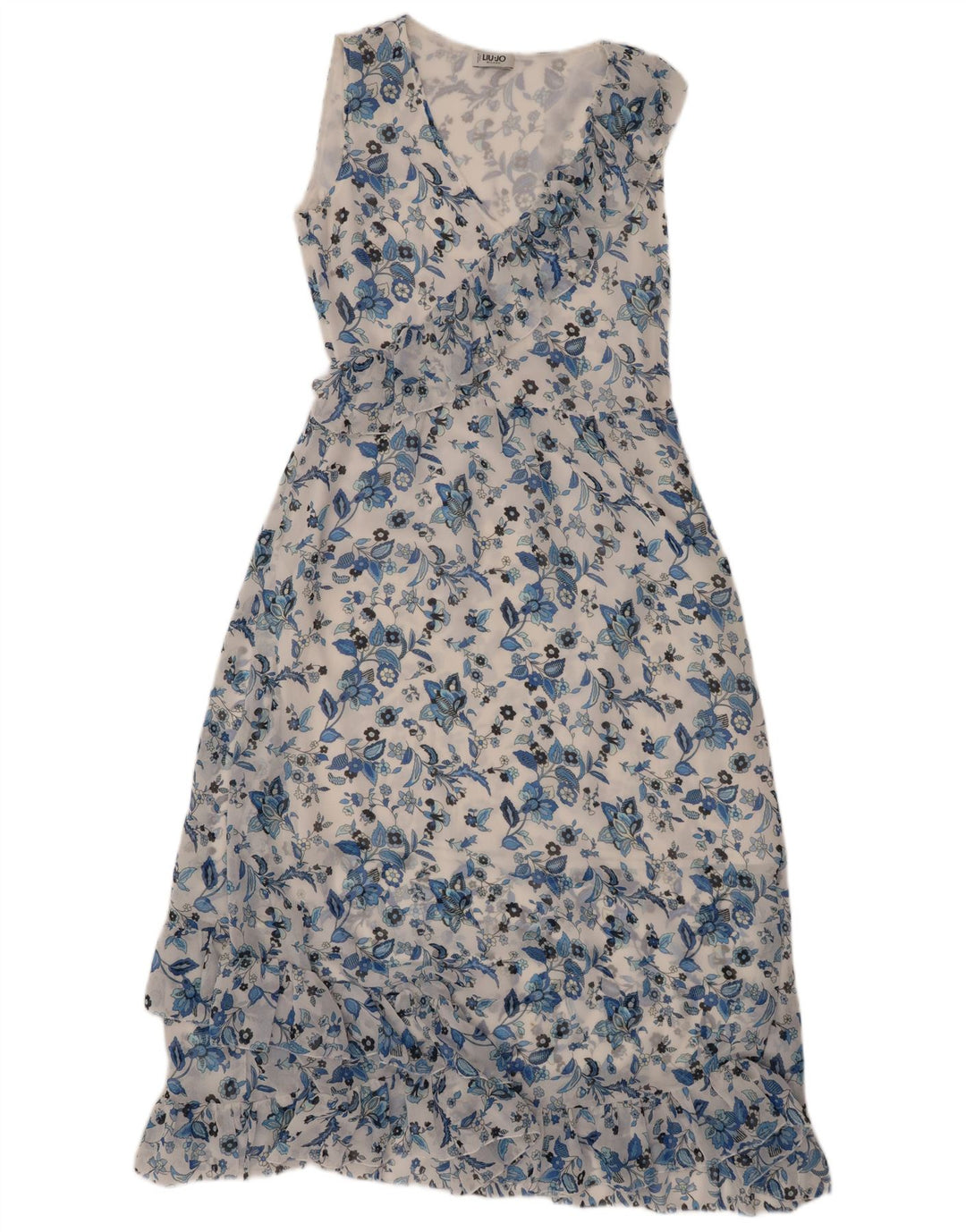 LIU JO Abito lungo senza maniche con volant da donna IT 40 Piccolo floreale bianco