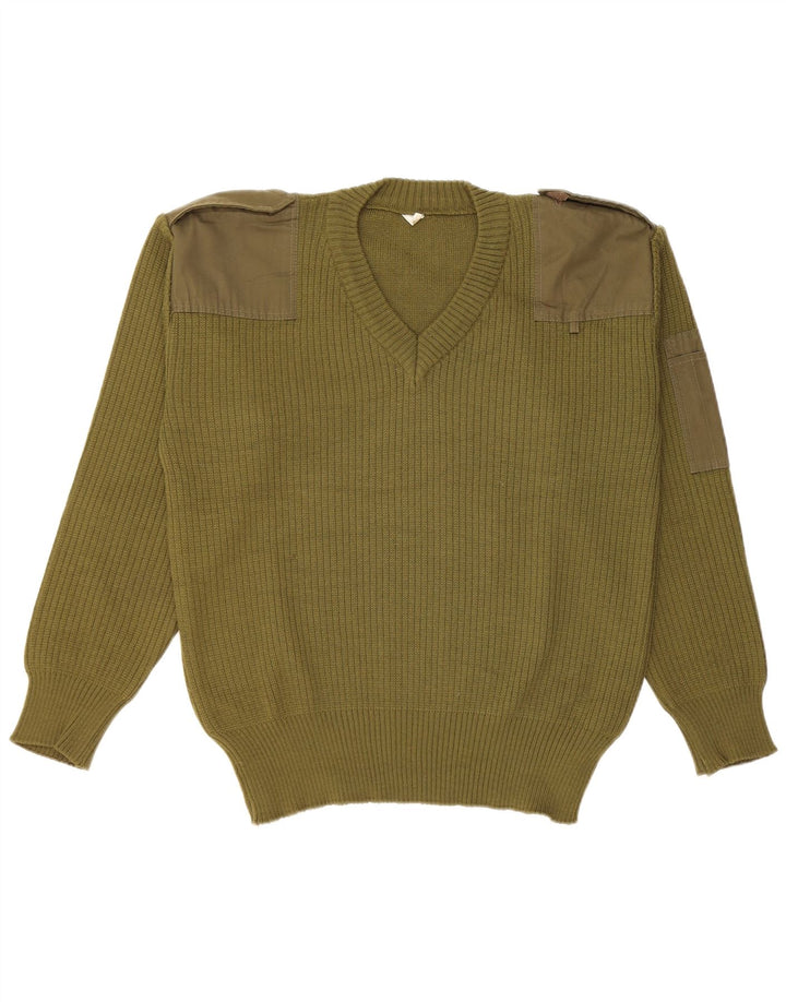 Maglione militare vintage da uomo con scollo a V color kaki medio