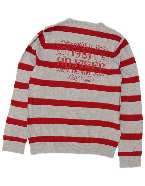Maglione maglione girocollo grafico da uomo Tommy Hilfiger XL cotone a righe grigie