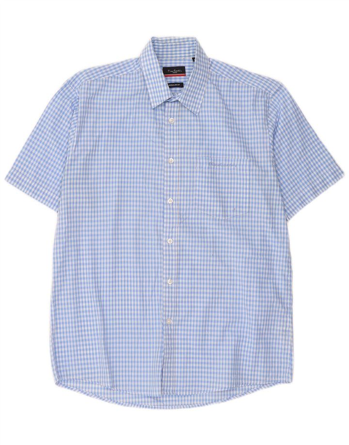 Camicia da uomo a maniche corte vestibilità regolare Pierre Cardin blu medio a quadretti