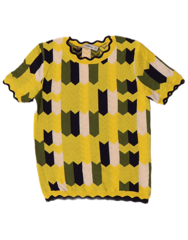 Maglione corto girocollo da donna Zara UK 10 piccolo giallo geometrico