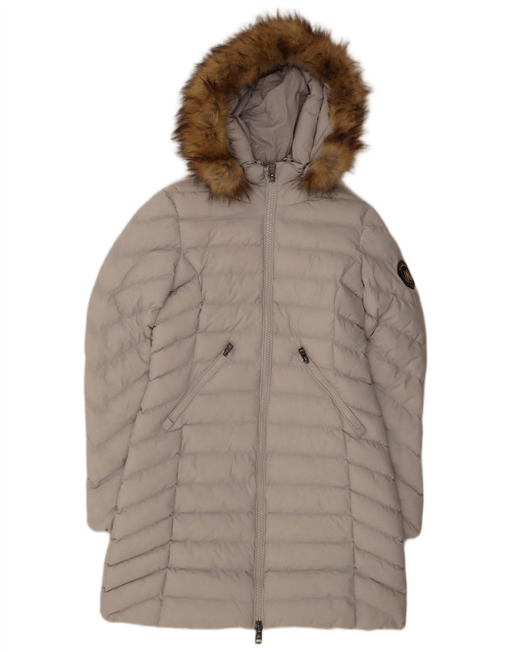 Cappotto imbottito con cappuccio da donna Superdry UK 10 piccolo poliestere grigio