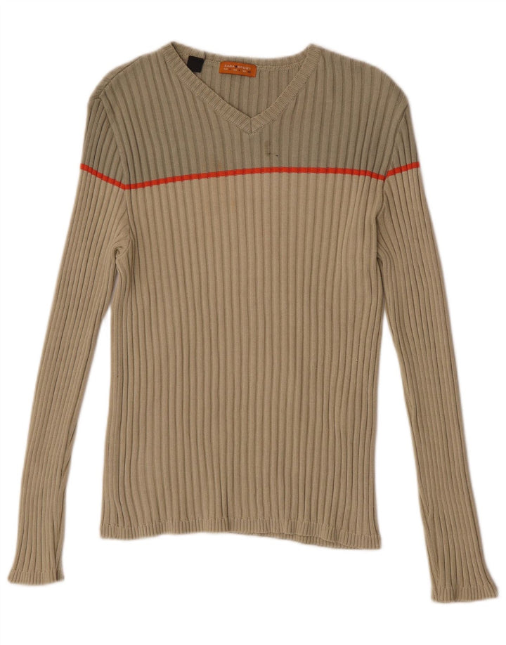 Maglione Zara da uomo con scollo a V in cotone color block beige medio