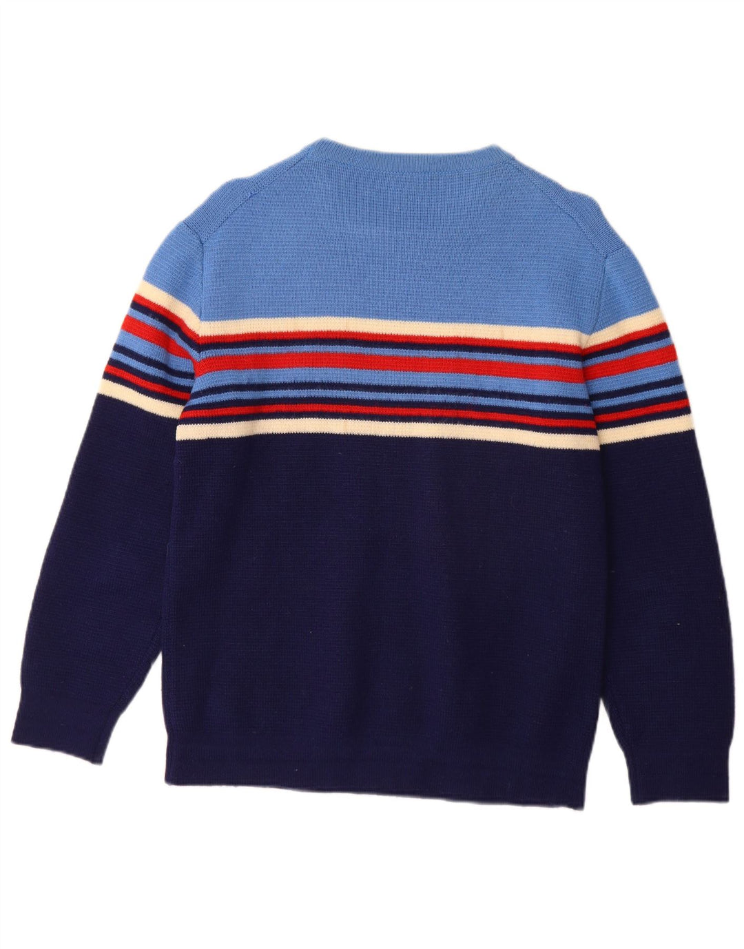Maglione maglione vintage da donna con scollo a barca UK 12 Lana nuova a righe blu medio