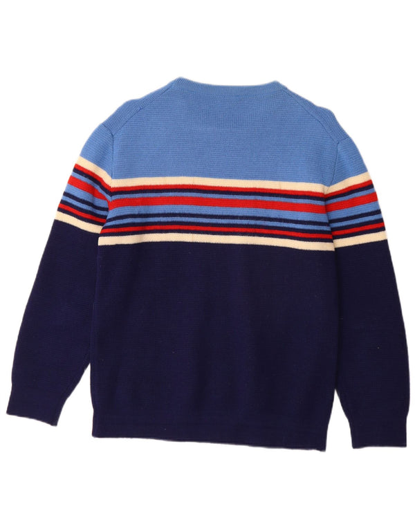 Maglione maglione vintage da donna con scollo a barca UK 12 Lana nuova a righe blu medio