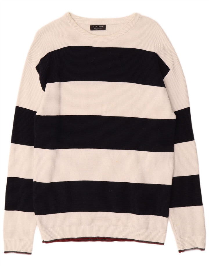 ZARA Mens Boat Neck Jumper Sweater Large White Striped Cotton