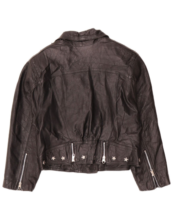 Giacca da motociclista in pelle corta da donna vintage UK 12 pelle nera media