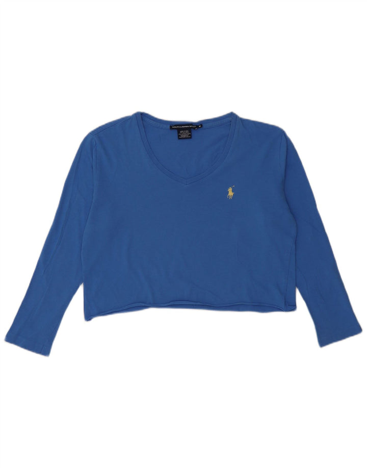 Top corto da donna Ralph Lauren manica 3/4 UK 12 cotone blu medio