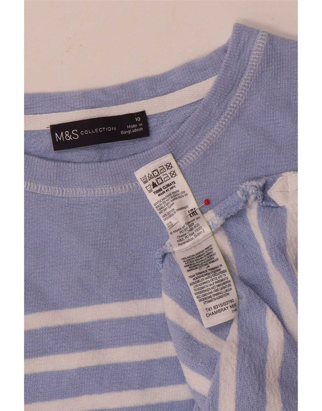 Marks & Spencer Womens Top Long Sleeve UK 10 Small Blue Striped Cotton