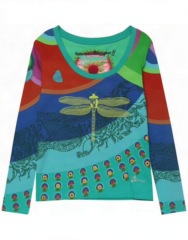 Desigual Donna Graphic Top Manica Lunga UK 14 Grande Paisley Multicolore