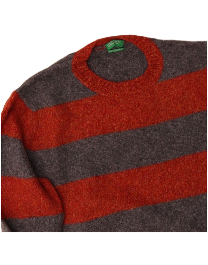 BENETTON Maglione girocollo da uomo a righe piccole in lana vergine a righe arancioni
