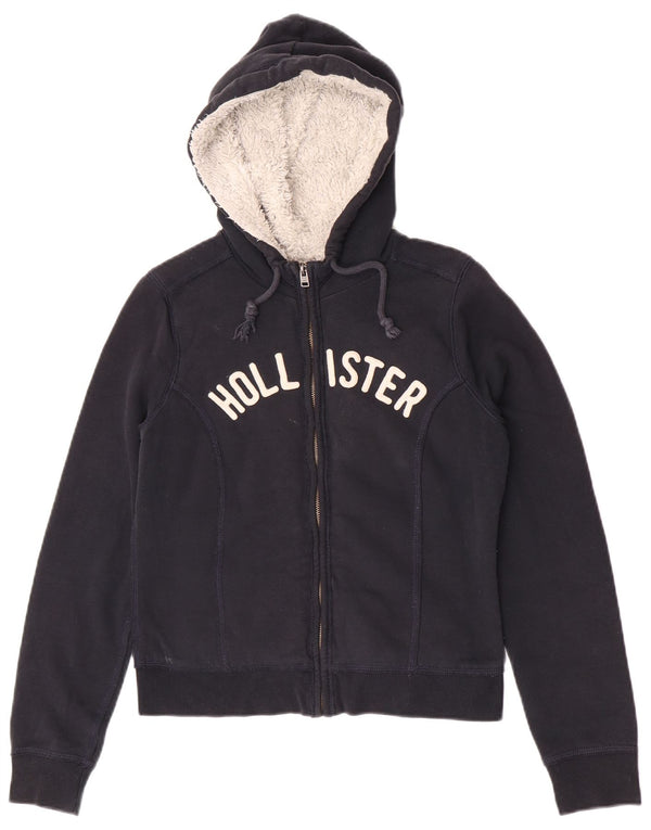 Maglione con cappuccio e zip grafica Sherpa da donna Hollister UK 12 medio blu navy