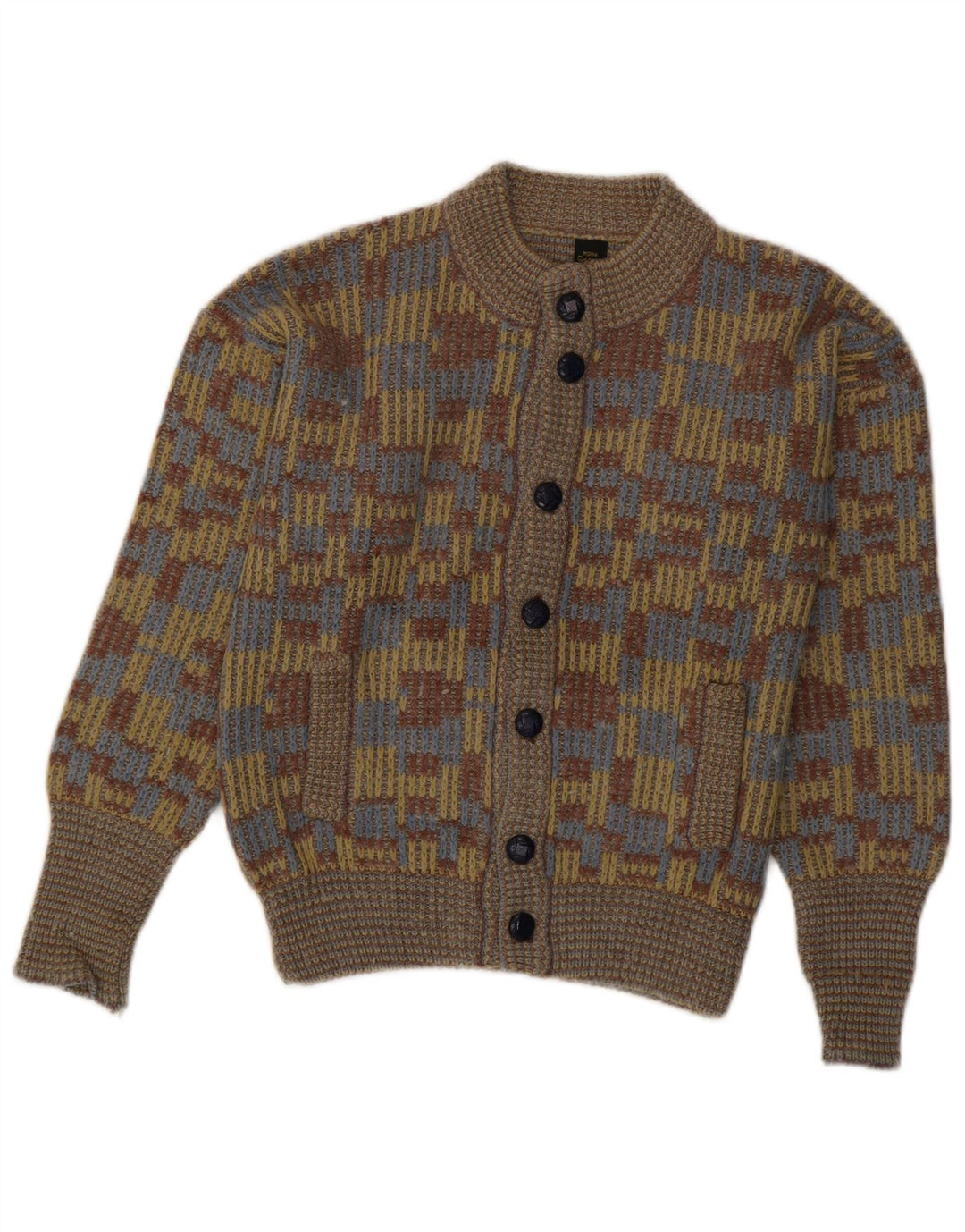 Maglione cardigan da uomo VINTAGE XS in lana geometrica multicolore
