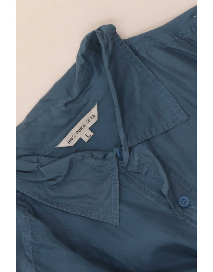 Camicia vintage da uomo a maniche corte grande in seta blu