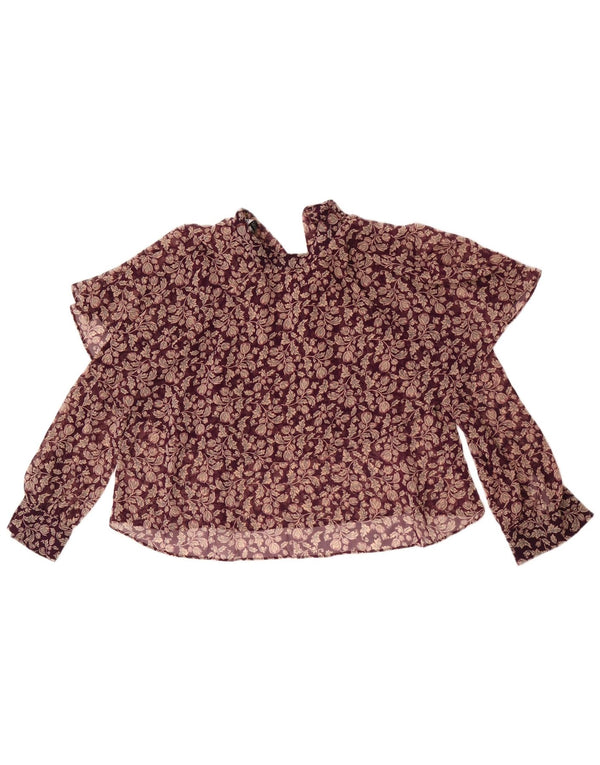 Zara Donna, Camicetta Corta Oversize a Maniche Lunghe Top UK 6 XS Bordeaux Floreale