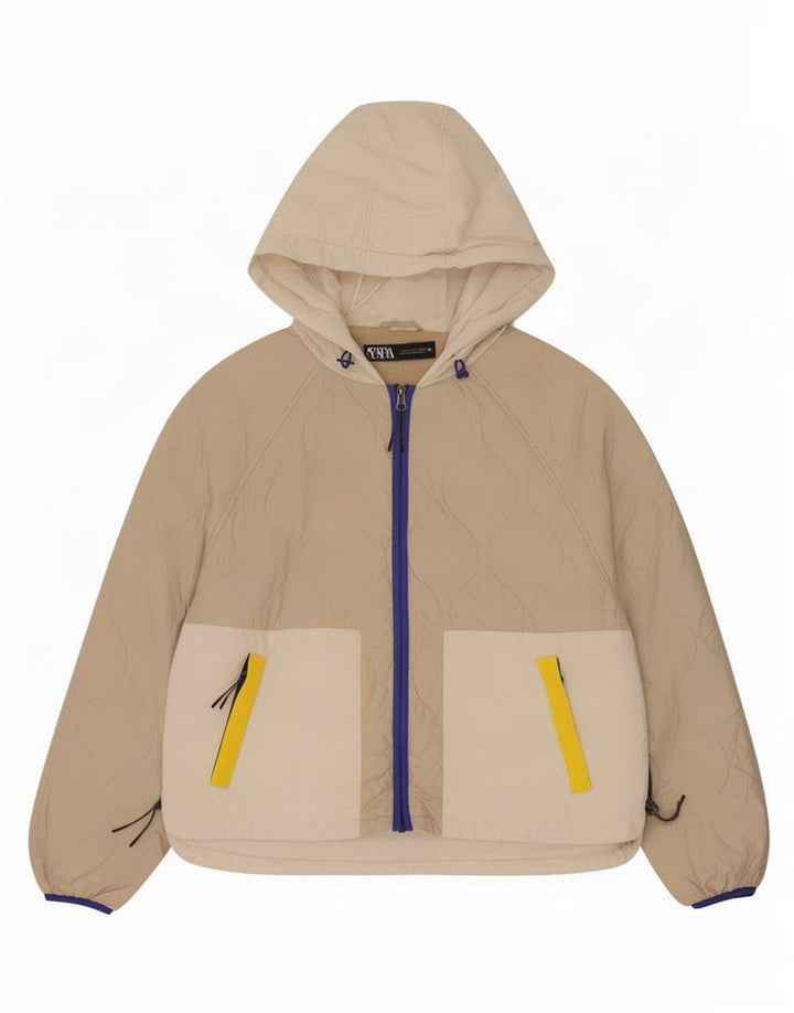 Giacca trapuntata con cappuccio da donna Zara UK 16 Large Beige Colourblock Poliestere
