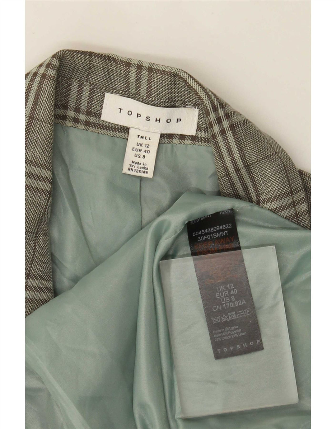 Giacca blazer doppiopetto alta da donna Topshop UK 12 verde medio a quadri