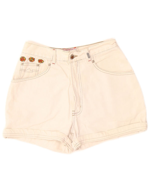 Pantaloncini di jeans con grafica vintage da donna W30 cotone floreale bianco sporco medio
