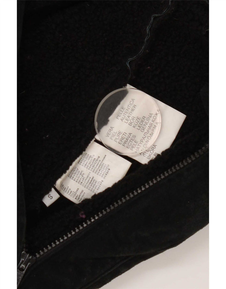Giacca vintage in pelle scamosciata Sherpa da donna UK 10 piccola in pelle nera