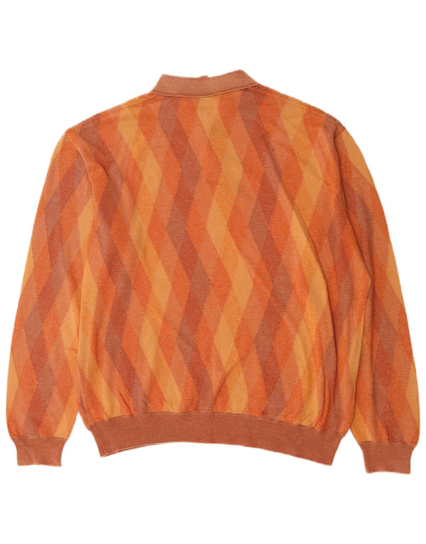Vintage Mens Polo Neck Jumper Sweater XL Orange Argyle/Diamond