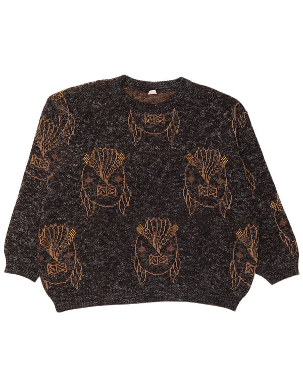 Maglione maglione girocollo con grafica da donna VINTAGE UK 18 XL nero screziato