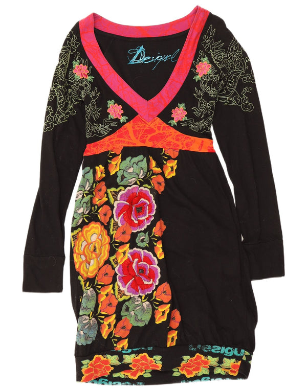 Desigual Abito tubino grafico a maniche lunghe da donna UK 12 Medio Nero floreale