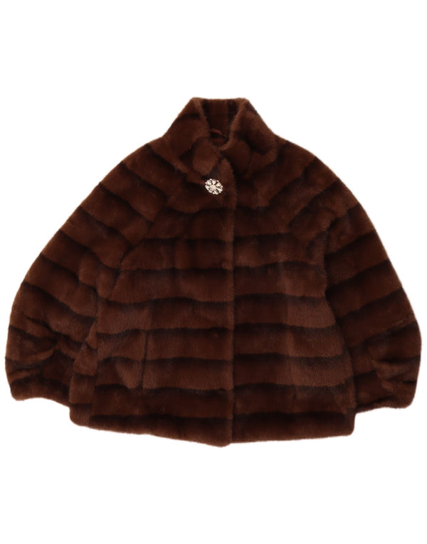 Giacca vintage da donna oversize in pelliccia sintetica UK 10 piccola a righe marroni